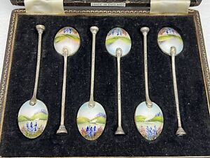 Exquisite Sterling Silver Enamel Demitasse Spoon Set 6pcs Birmingham England
