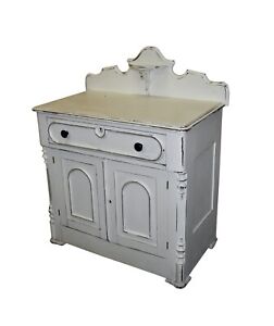 Antique Victorian Style Wash Stand W Backsplash In A Distressed White Finish