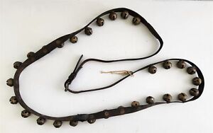 Antique 29 Sleigh Bells On Leather Strap Horse Collar Old Amish Lancaster Pa