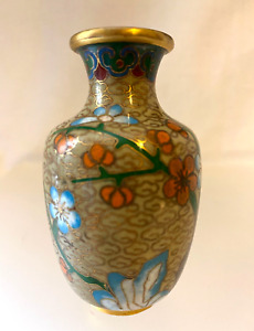 Vintage Japanese Chinese Garden Cherry Blossoms Enamel Cloisonne Small Vase Urn