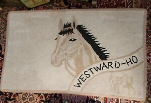Vintage Hook Rug Signed Cjg Westward Ho Western Horse 52 X33 