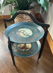 Antique French Painted Tole Tray 2 Tier Table Fabulous Handpainted Landscape