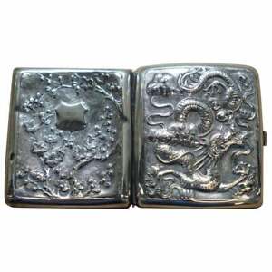 Rare Solid Silver Meiji Period Dragon Embossed Cigarette Case Gold Gilding