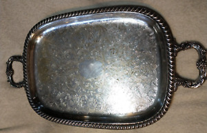 Large Vintage Silver Plate Butlers Serving Tray Footed Handled Ornate A22