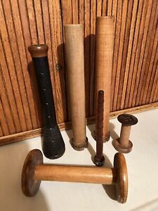 Lot Antique Vintage Wooden Spools Bobbin Industrial Spindles Yarn Thread Textile