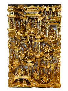 Superb 25 5 Chinese Carved Deep Relief Gilt Wood Warriors Scenes Panel 