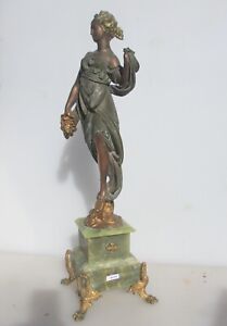 Vintage Statue Figurine Art Nouveau Lady Goddess Marble Onyx Base Gilt Feet 22 H