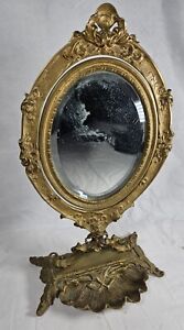 19 C Oval Dresser Vanity Mirror Swivel Footed Picture Frame Gold Gilt Antique