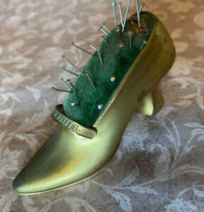 Vintage Gold Metal Pin Cushion Woman S Victorian Shoe Marked St Louis
