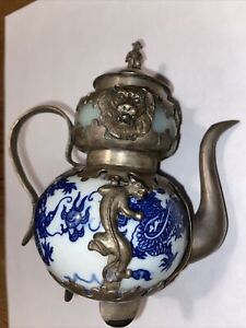 Chinese Antique Porcelain Dragon Tibetan Silver Jade Top Insence Burner Orgone