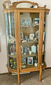 Antique Oak Curved Beveled Glass China Cabinet Beveled Mirror Key Shipping 