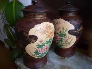 Pair Of Japanese Ochre Lidded Ceramic Vase Urns Antique 19th Century Satsuma
