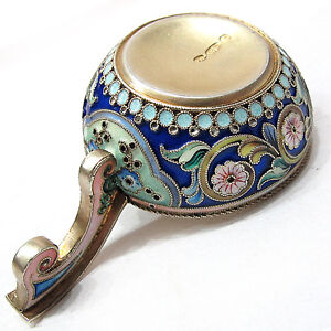 Rare Russian Antique 84 Silver Shaded Enamel Gold Vermeil Kovsh By 11a