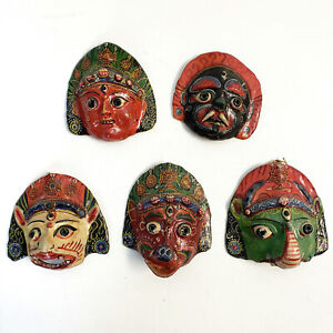 5x Antique Handmade Papier Mache Tibetan Deity Mask Wall Hangings Nepal Folk Art