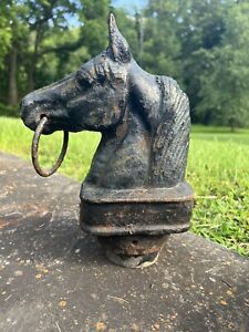 Antique Black Cast Iron Horse Head Hitching Post Ranch Equestrian Pole Topper