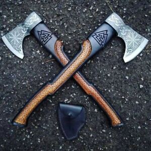 Viking Axe Custom Handmade Engraved Handle Carbon Steel Axe With Leather Sheath