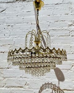 Antique Tiered Crystal Brass Chandelier Hollywood Glam French 23 L X 16 W