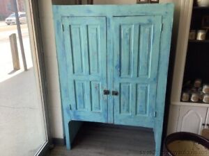 Antique Hutch Top Cabinet Pantry Painted Blue Shades Distressed Cupboard Cabinet
