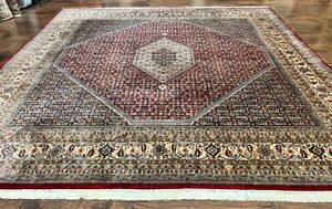 Square Indo Per Sian Bidjar Rug 10x10 Red Handmade Vintage Wool Carpet
