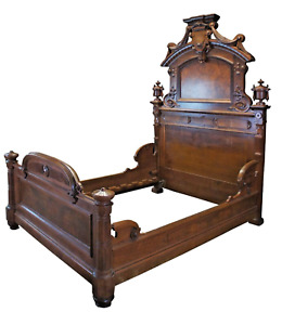 Monumental Antique Victorian Lincoln Style Walnut Burl Carved Highback Queen Bed