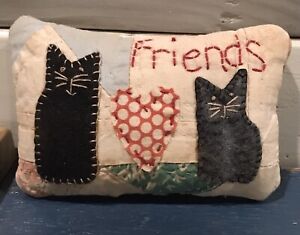 Primitive Friends Kitty Cats Shelf Pillow Made From Vintage Quilt