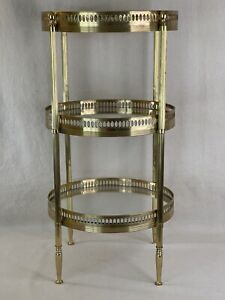 French Mid Century Vintage Gold Brass Glass Side Table Plant Stand Bar Table