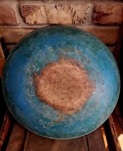 Best Early Primitive Massive Turned Wooden Bowl Original Old Blue Paint Oor