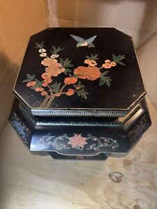 Vintage Chinese Jinlong Black Lacquered Wooden Stool Side Table