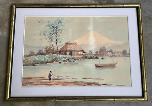 Old Japan Hashidate Shisen 1855 Riverside With Mt Fuji Watercolor On Paper