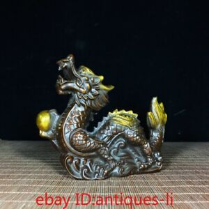 Chinese Antique Pure Bronze Gilt Dragon Statue Ornament