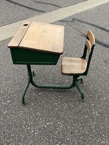 Vintage Child S School Desk Green Heavy Duty Wood Metal W Adjustable Desk Chair