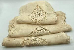 Antique Linen Fabric Handmade Crocheted Doilies Square Rectangle Runner 3 Pieces