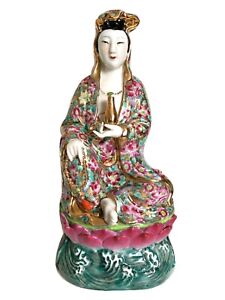 Antique Chinese Guanyin Kwan Yin Porcelain Famille Rose Zen Figure Statue Vtg