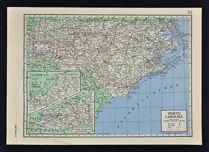 C1949 Britannica Map North Carolina Raleigh Charlotte Winston Salem Smoky Mts