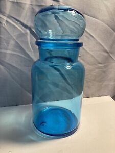 Blue Glass Apothecary Storage Jar Bubble Top Made In Belgium Mcm Vintage