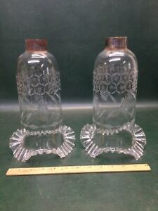 Pair Of Rare Antique Etched Honeycomb Hurricane Chimney Lamp Shades Ruffled Top