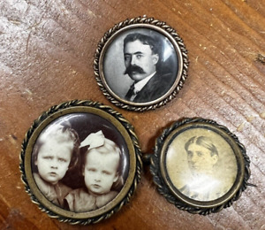 Lot 3 Antique Tiny Photo Frame Brooches Pins Miniature Man W Big Mustache 1 1 8