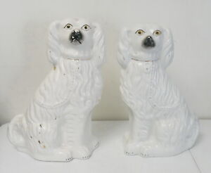 Antique Pair Of 15 Staffordshire White Spaniel Fire Mantle Dogs Free Shipping