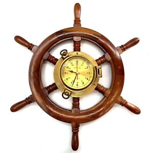 Vintage Uss North Carolina Ship S Time Brass Clock On 24 Wooden Wheel Quartz