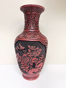 Chinese Brass Cinnabar Lacquer Vase Bird Floral Relief Design 12 5 