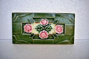 Antique Tile Art Nouveau Majolica Japan Rose Ceramic Porcelain Green Floral I06