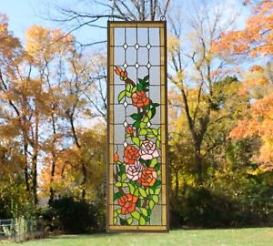 10 X 35 5 Handcrafted Stained Glass Window Panel Rose Flower
