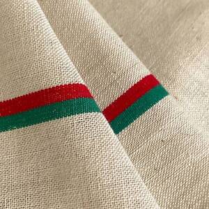French Christmas Vintage Linen Toweling Fabric Red Green Stripes For Stockings