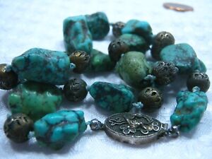 Antique Chinese Export Gilt Silver Filigree Bead Turquoise Necklace Clasp Marked
