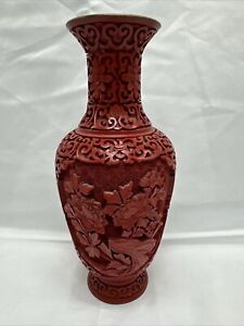 Antique Chinese Red Hand Carved Cinnabar Lacquer Brass 9 Vase
