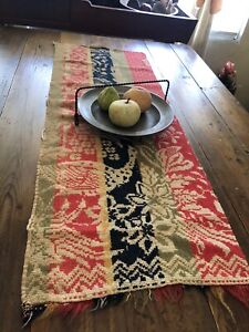 Primitive Antique Coverlet Green Red And Navy Wool Runner