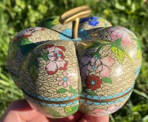 Chinese Cloisonne Turquoise Lotus Gourd Pumpkin Vintage Jewelry Box