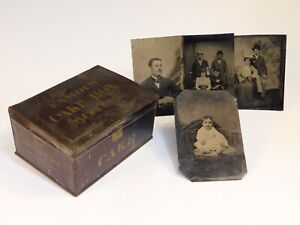 Early Antique Primitive Tin Advertising Cake Box With 4 Tintypes Photographs