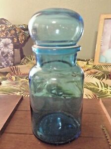 Rare Vintage Belgium Blue Glass Apothecary Jar Mcm Bubble Top Canister Aqua