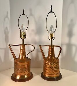 Pair Antique Middle Eastern Hammered Copper Watering Can Table Lamps